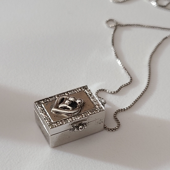 Vintage 925 real diamonds box couple & child necklace 80's photo Locket chain - Picture 11 of 16